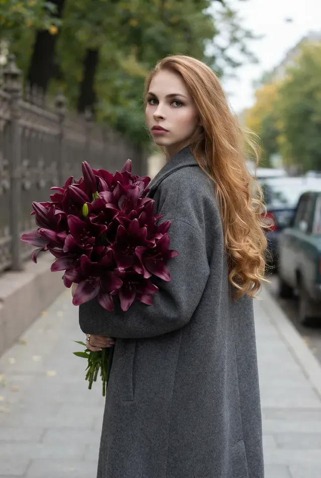 Осенняя прогулка с букетом лилий