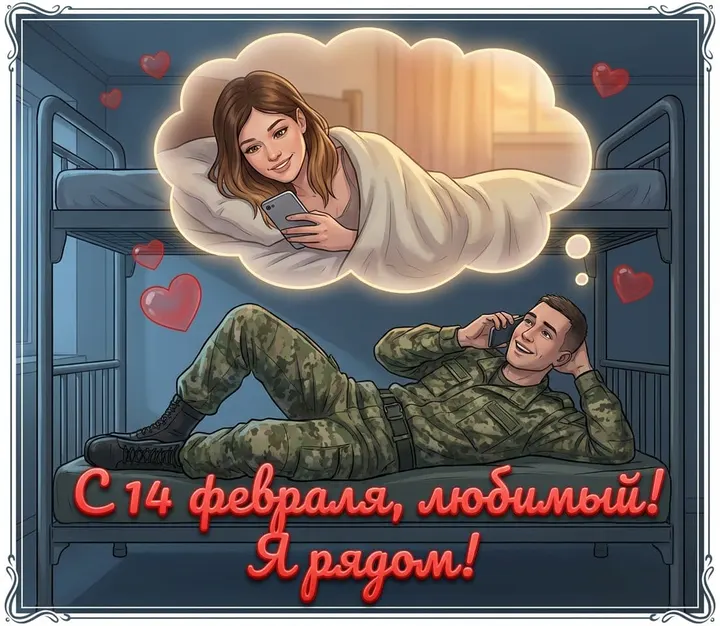 Армейская открытка к 14 февраля в мультяшном стиле