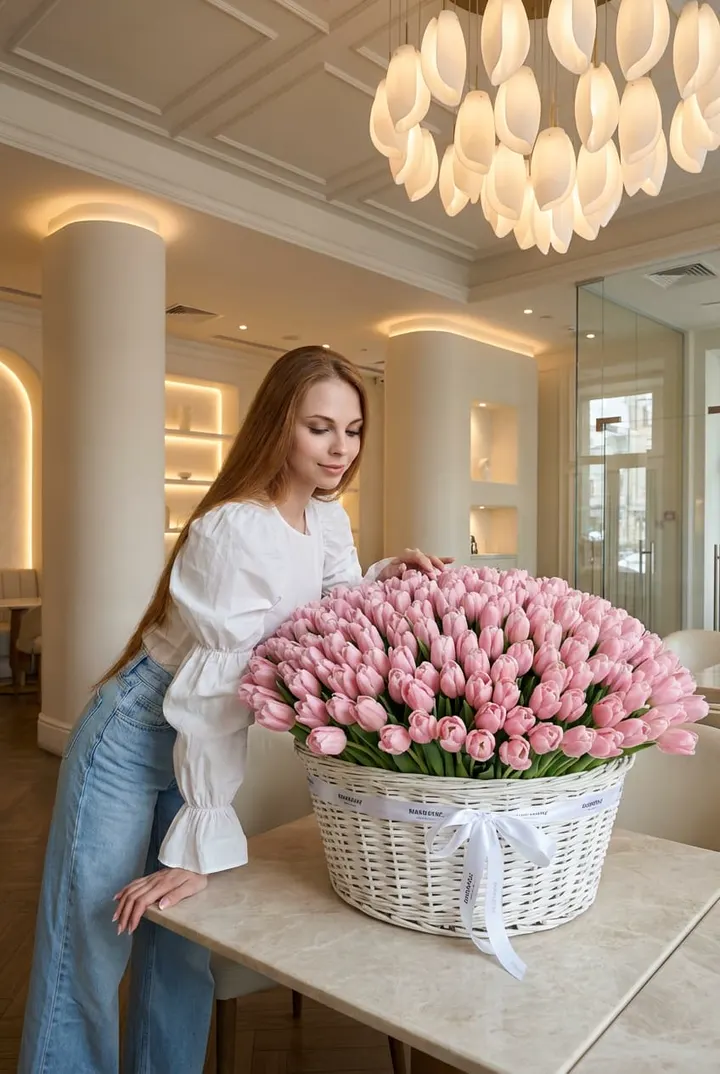 Женщина с корзиной тюльпанов в ресторане
