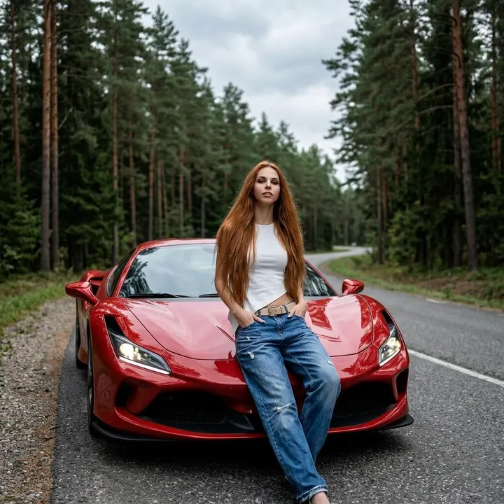 Девушка с спорткаром в лесу