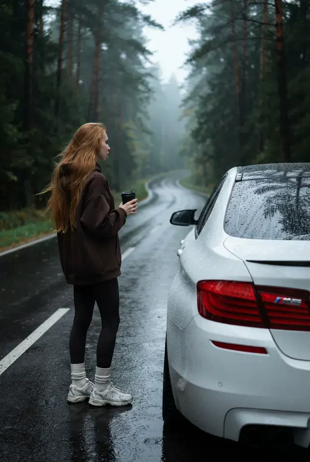 Девушка и BMW в лесу