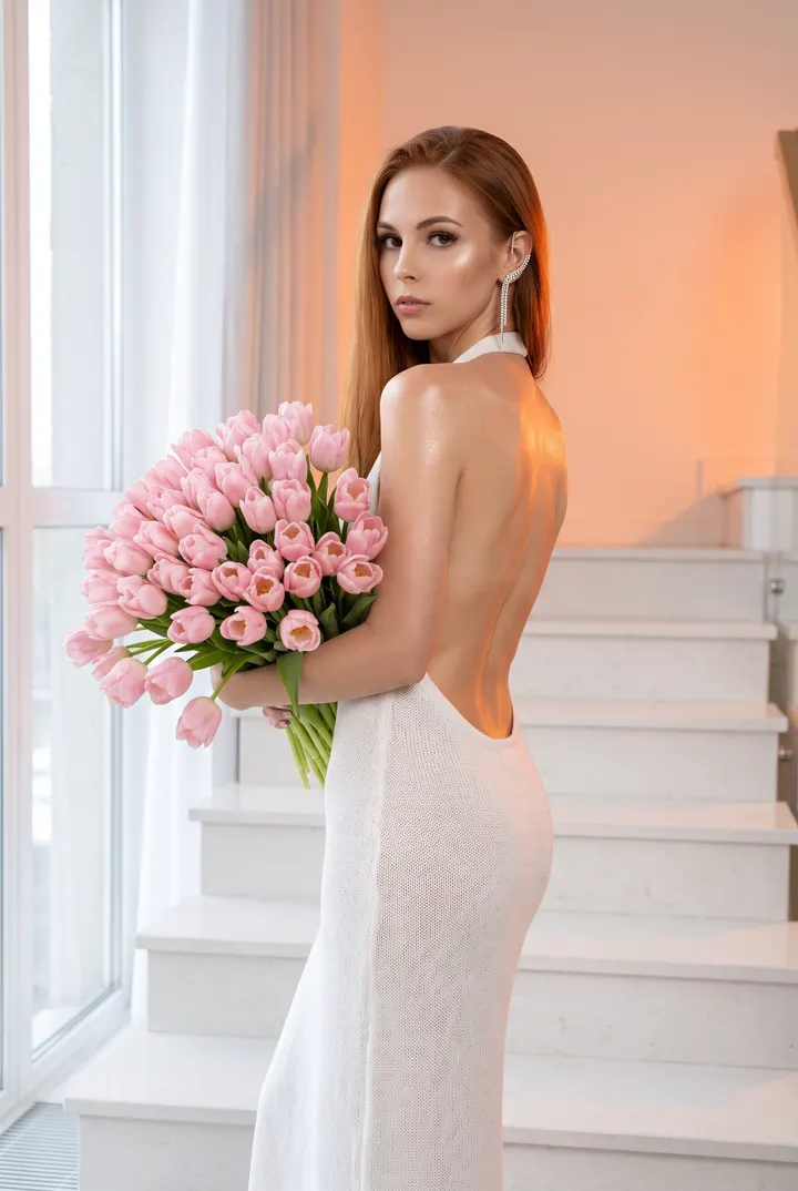 Женщина на лестнице с тюльпанами