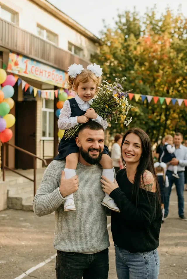 Первоклассник на школьном дворе