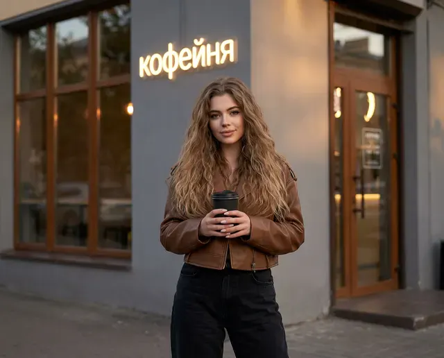 Девушка у кофейни осенью