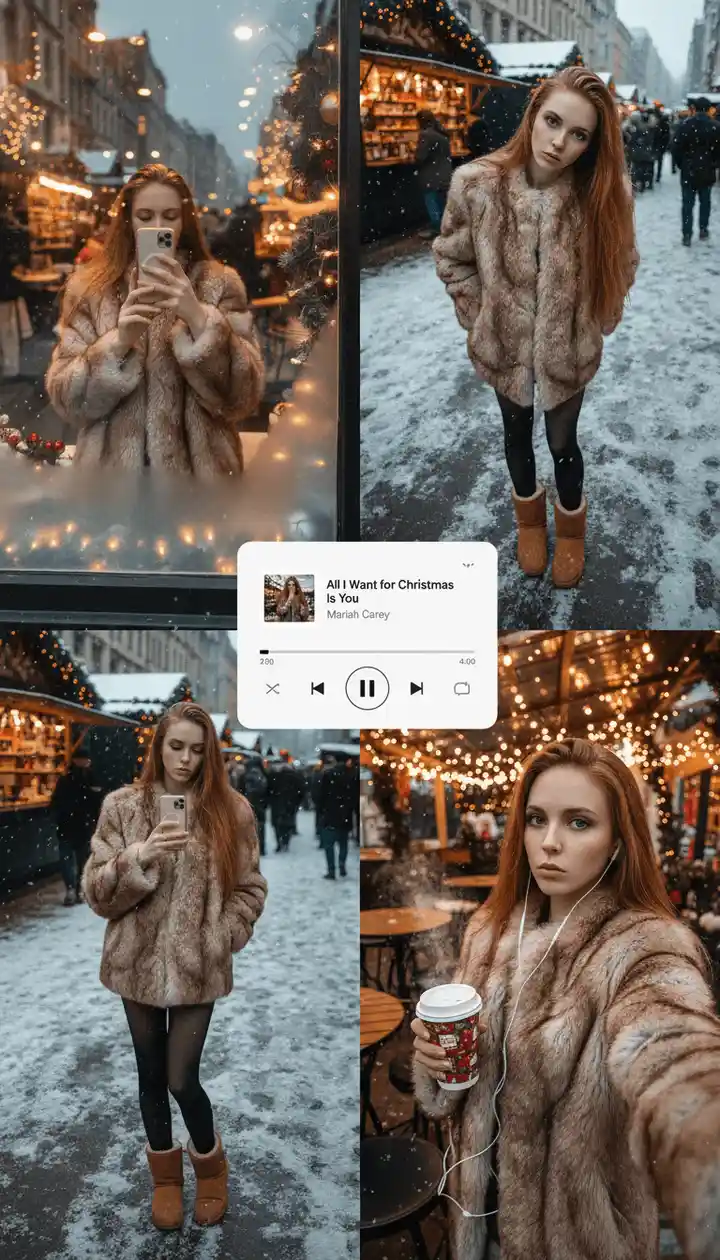 An editorial winter poster-style multi-panel collage with a Christmas street