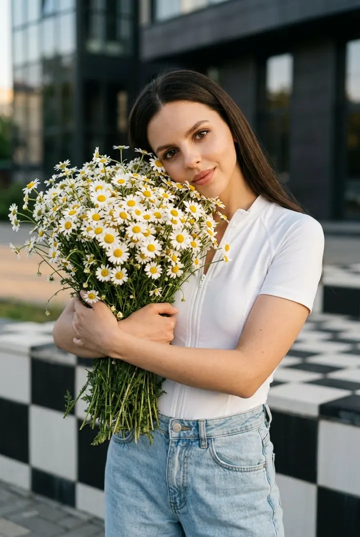 Девушка с букетом ромашек
