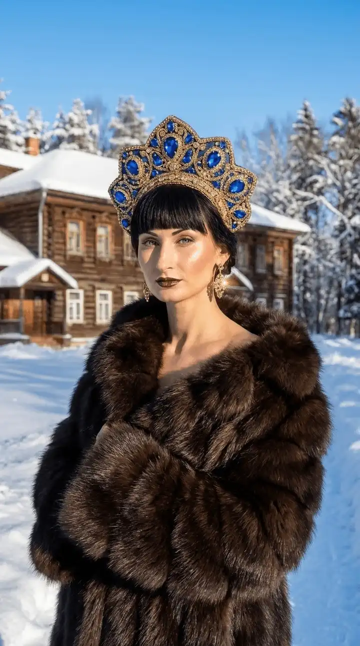 Портрет в русском стиле на фоне старинной деревянной усадьбы.