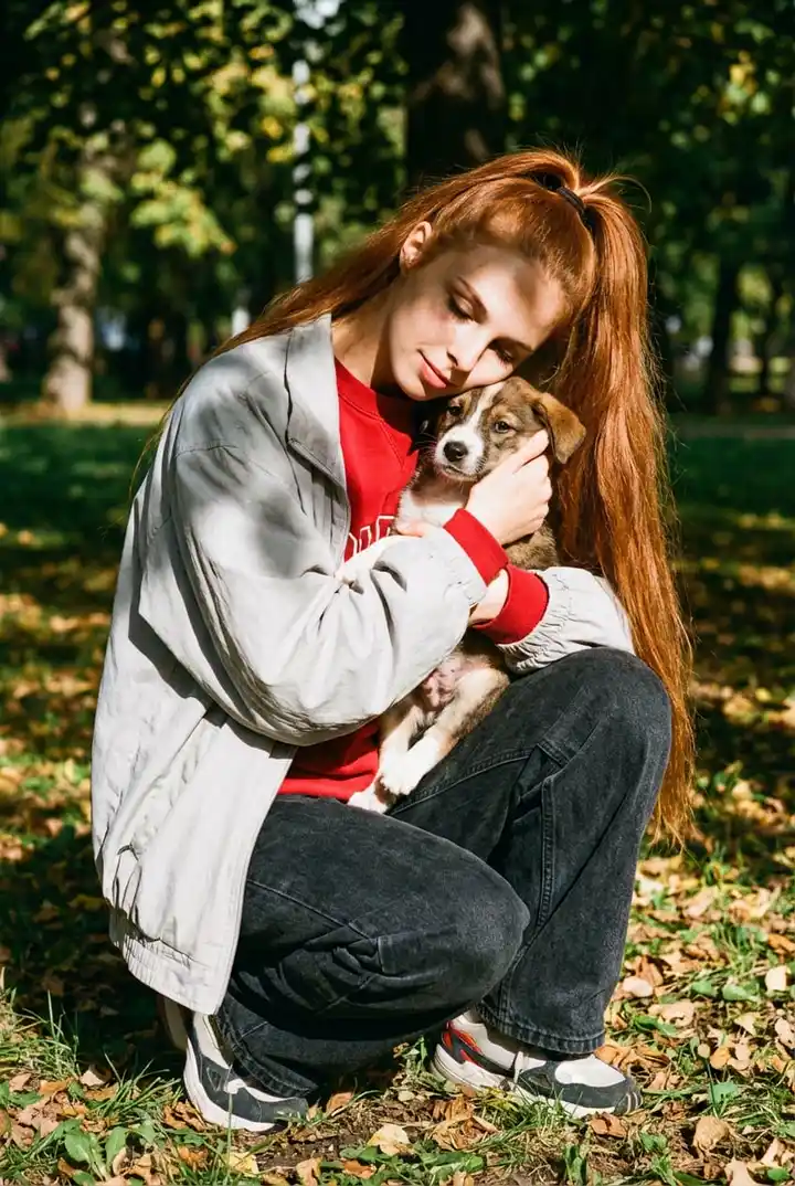 Девочка со щенком в парке
