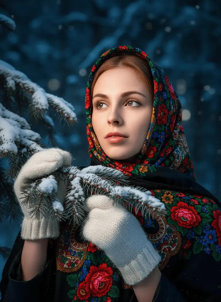 Зимний портрет в расписном платке — пример фото по шаблону