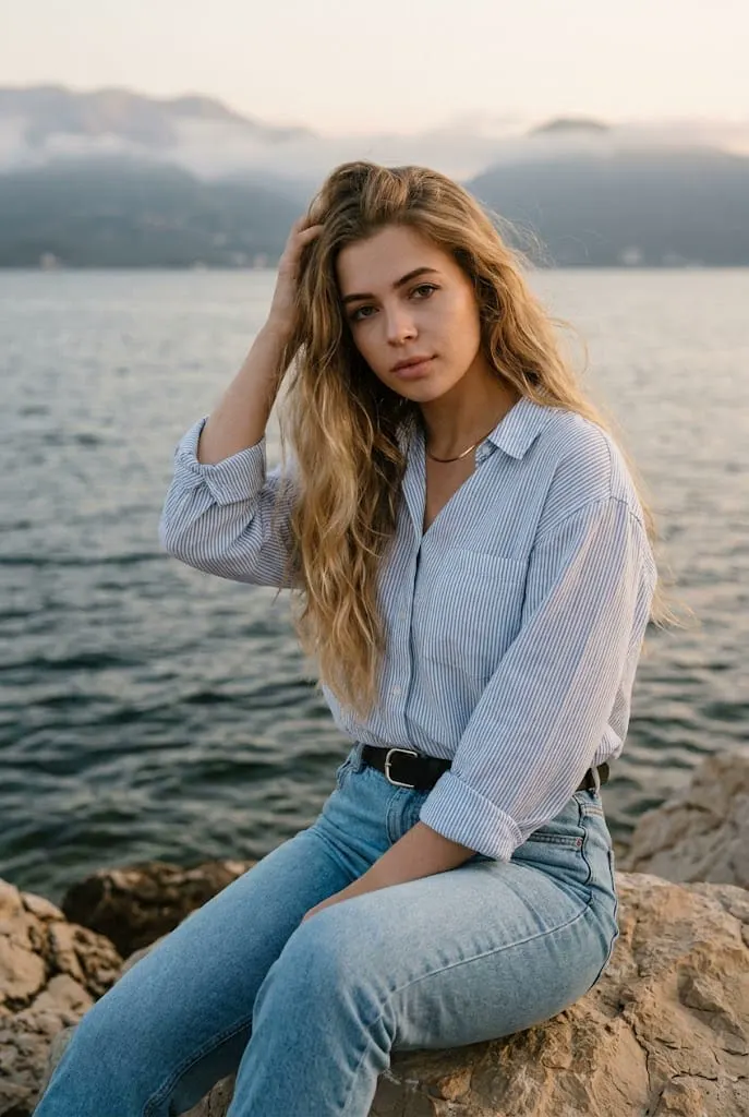 Девушка в стиле quiet luxury у моря