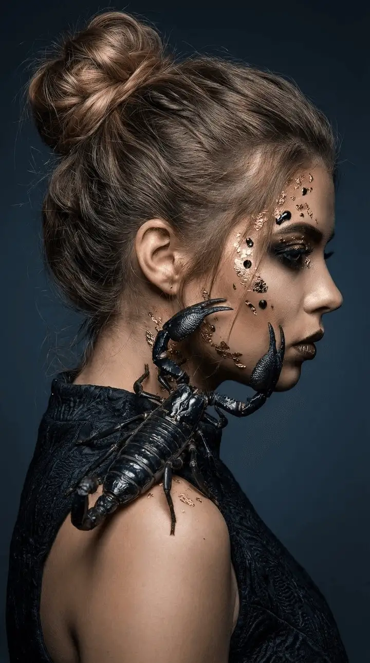 Close-up profile portrait of a woman with a messy bun.