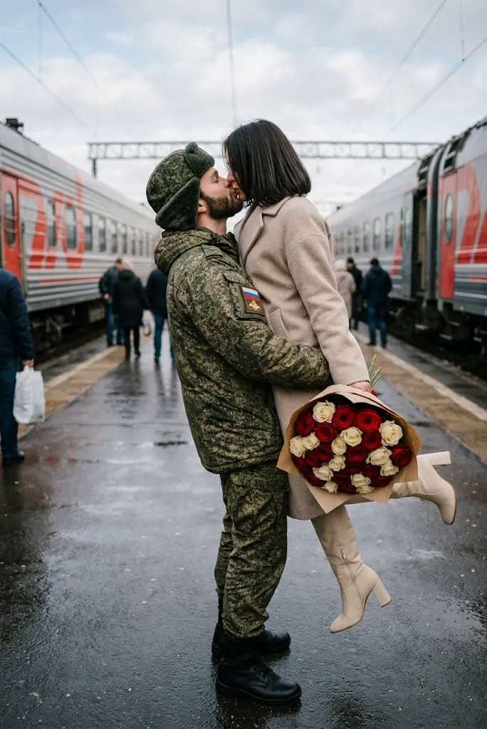 Встреча военного на перроне