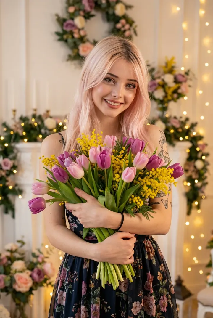 Женщина с цветами 8 марта