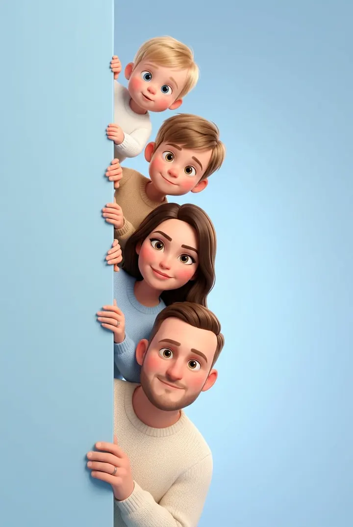 Семейное фото из-за стены в стиле Pixar