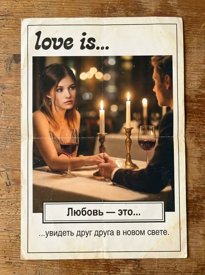 Винтажный вкладыш Love is с парой за столом