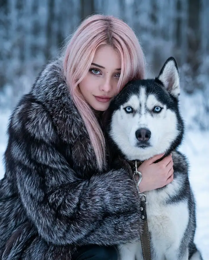 Модная фотосессия в зимнем лесу с хаски.
