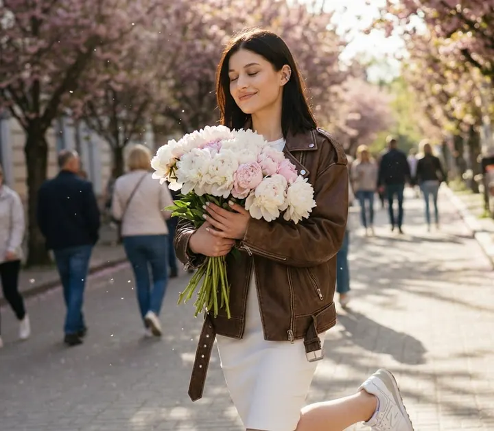 Девушка в косухе с пионами