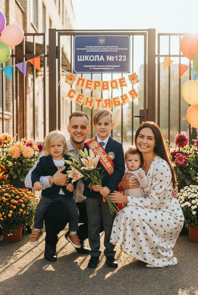 Первоклассник с родителями у школы