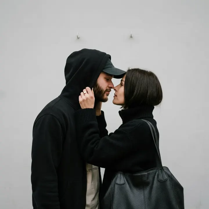 Интимный момент пары у стены