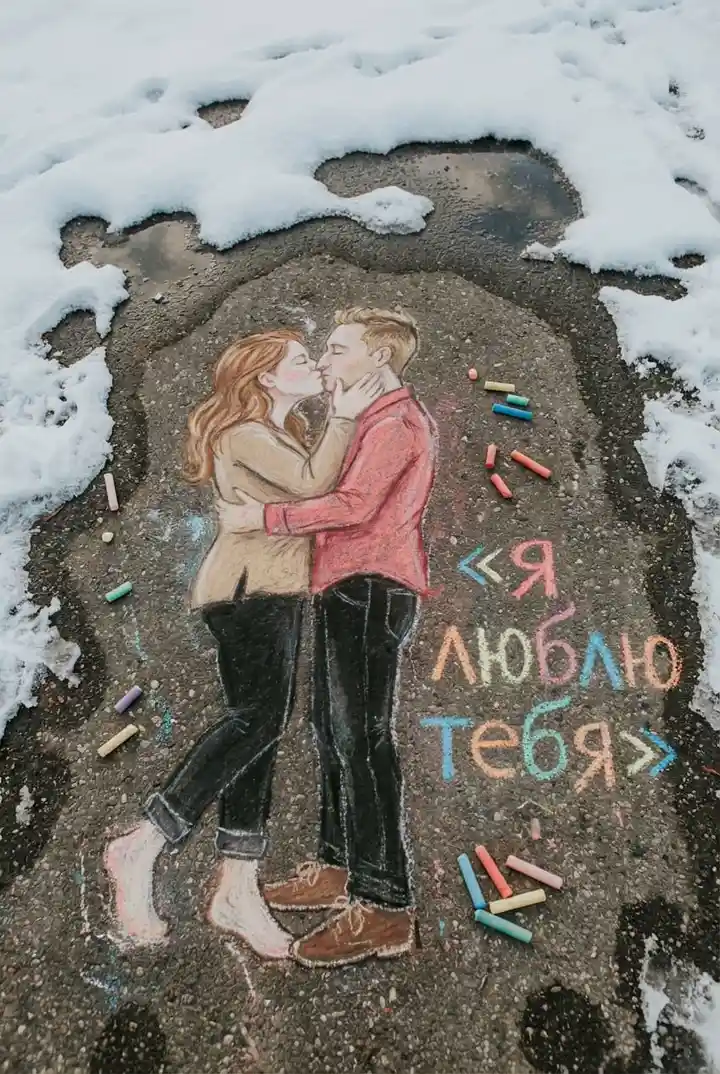 Рисунок пары мелками на дороге
