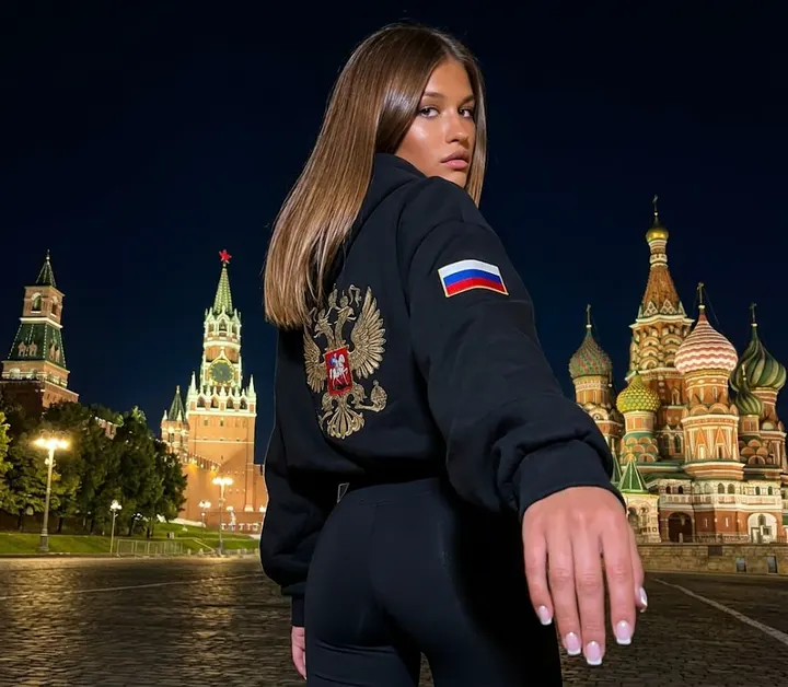 Девушка на Красной площади в толстовке РФ