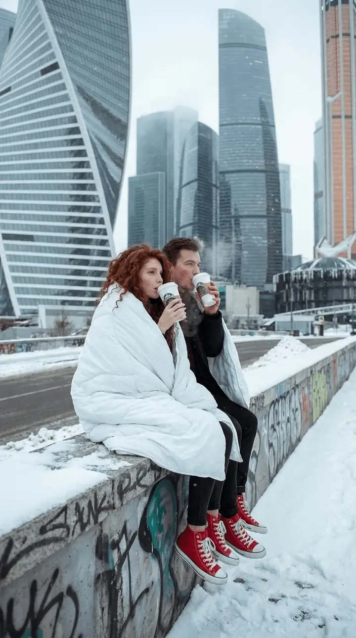 Зимняя романтика среди небоскрёбов — пример фото по шаблону
