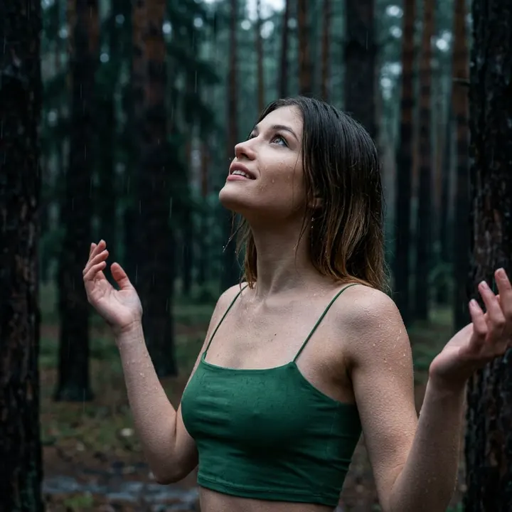 Девушка в дождливом сосновом лесу