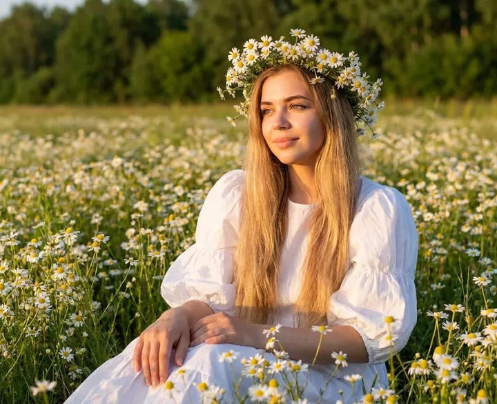Девушка в поле ромашек