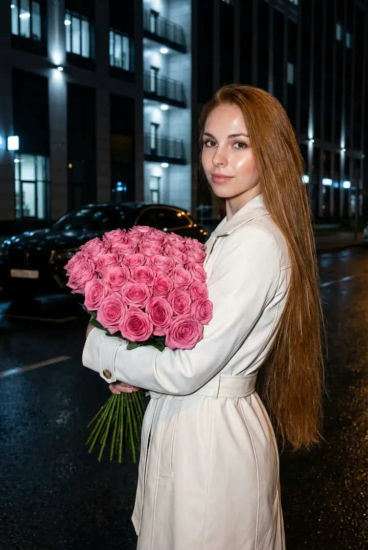 Женщина с розами в ночном городе
