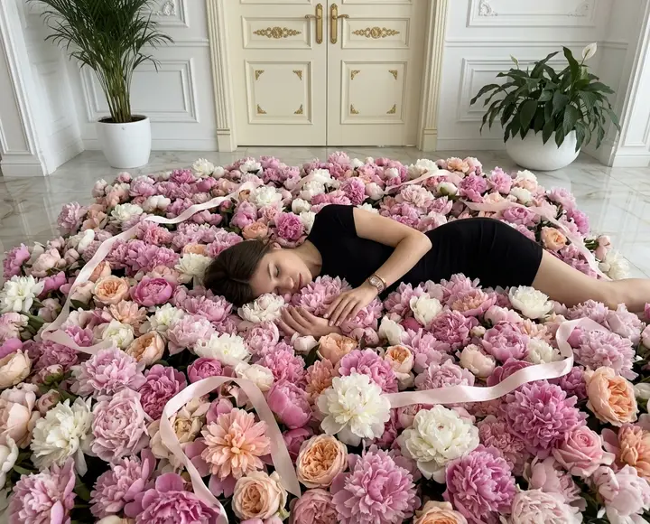 Девушка в розовых пионах