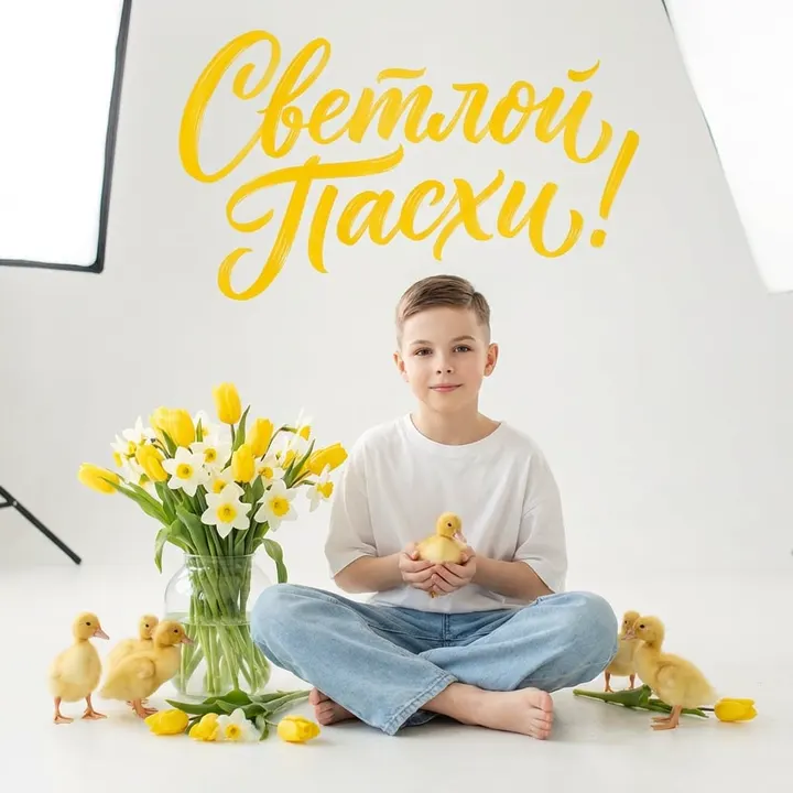 Пасхальная фотосессия мальчика с утятами