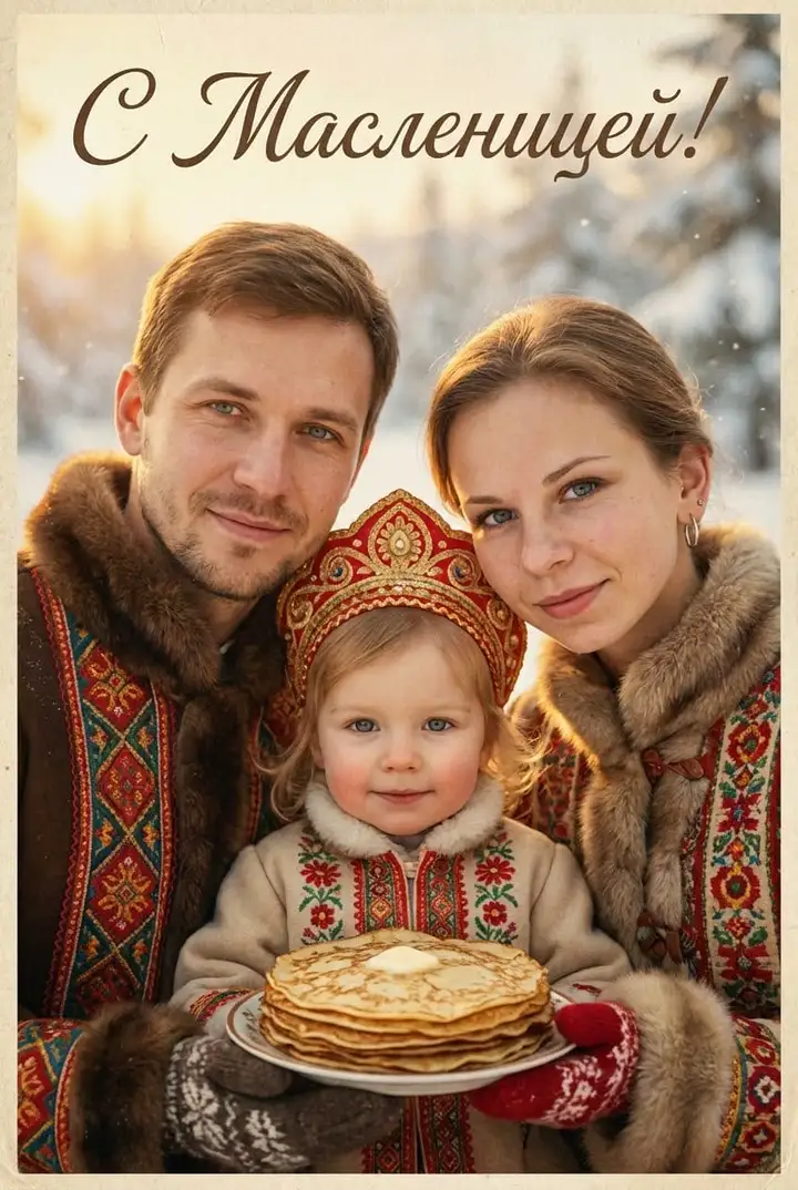 Винтажная семейная открытка на Масленицу