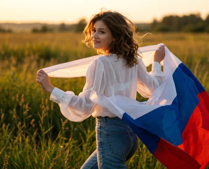 Девушка с флагом на закате