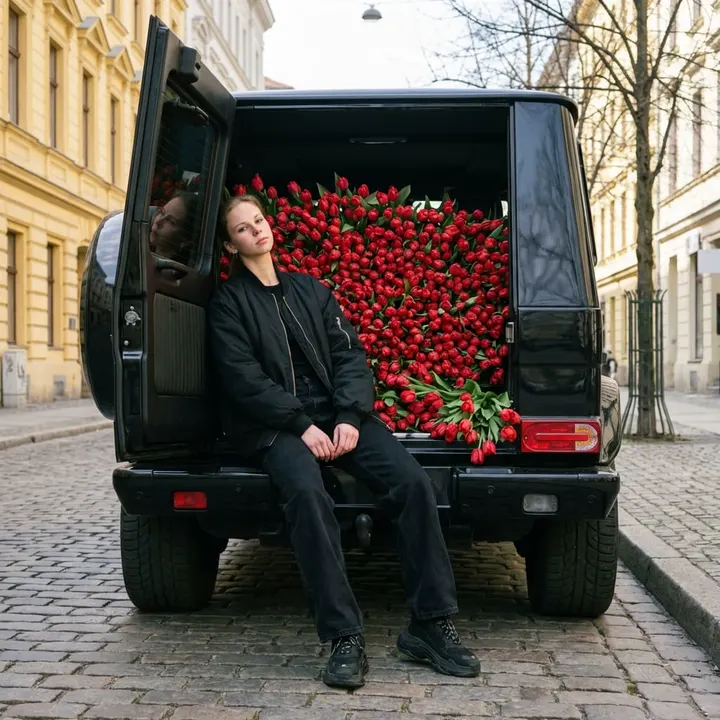 Fashion фото у Гелендвагена с тюльпанами
