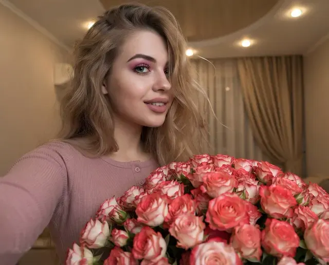 Праздничное селфи с роскошным букетом
