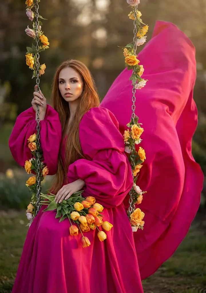 Женщина на качелях в платье фуксия