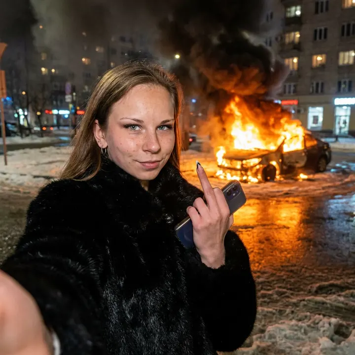 Девушка в шубе на фоне огня — пример фото по шаблону