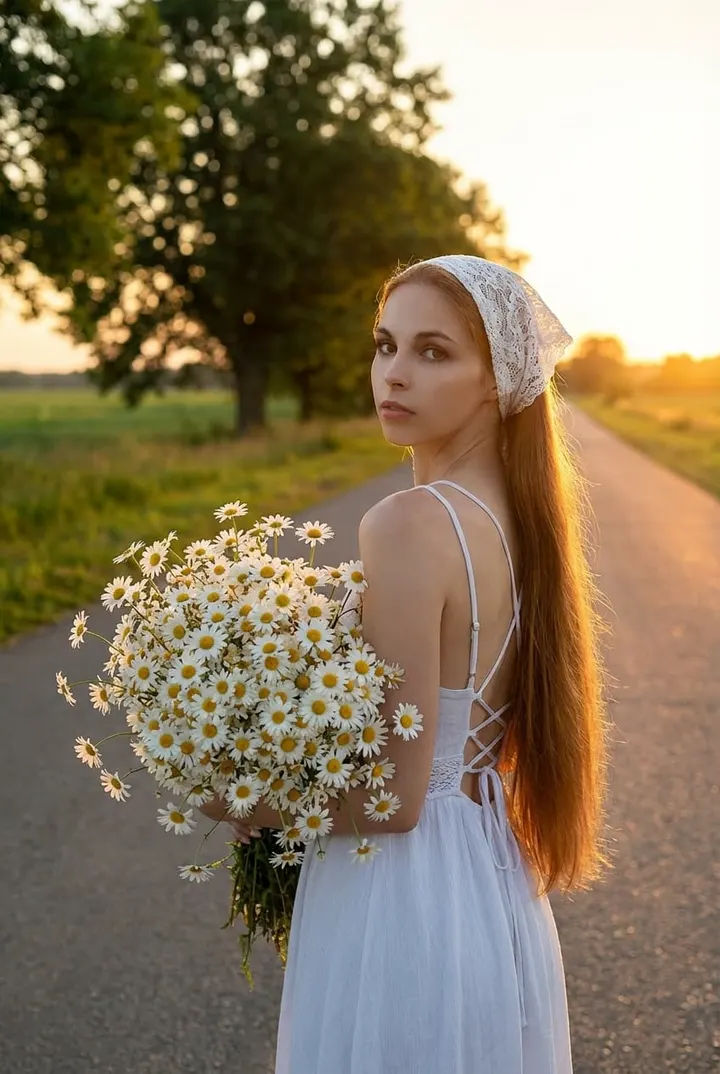 Девушка с ромашками на закате