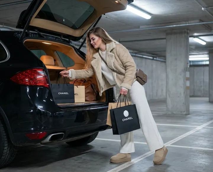 Женщина в стиле old money на парковке у Porsche