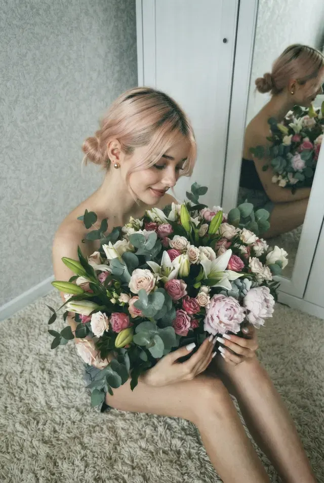 Нежный домашний портрет с букетом