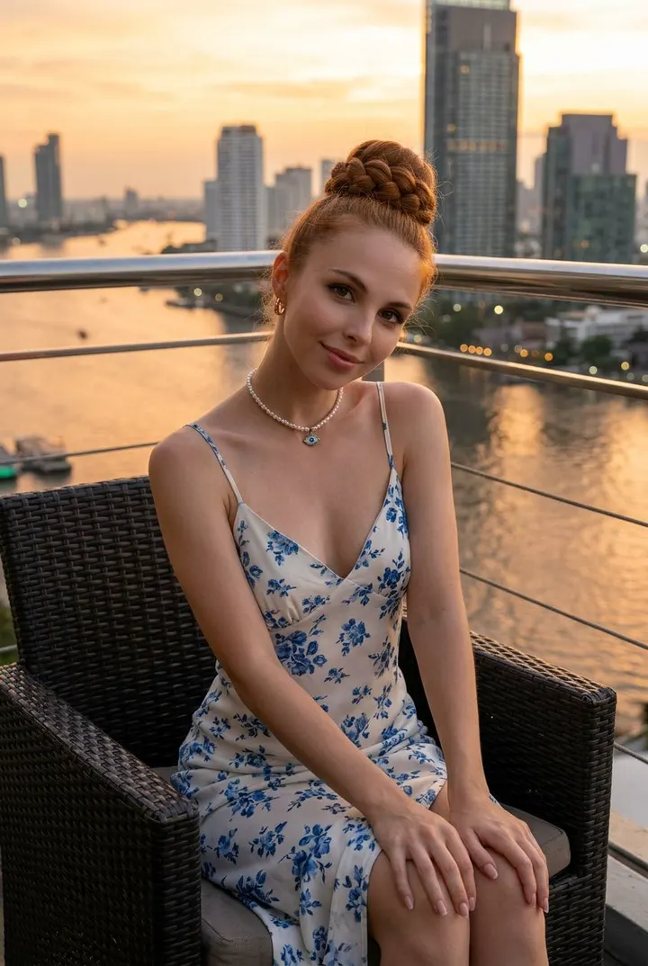 Девушка на террасе на закате