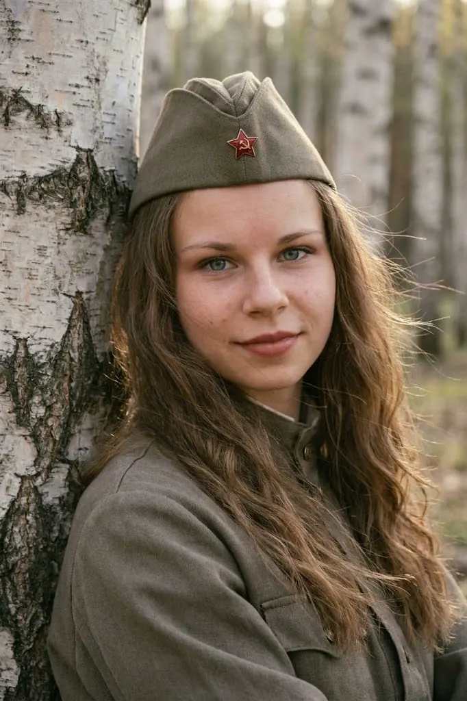 Женщина в военной форме у березы