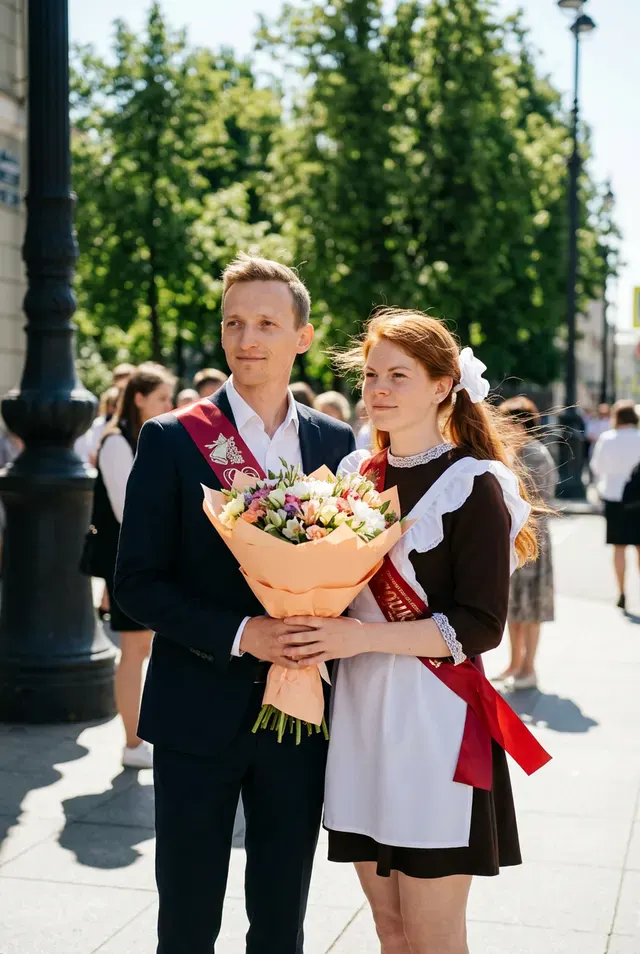 Выпускники с букетом