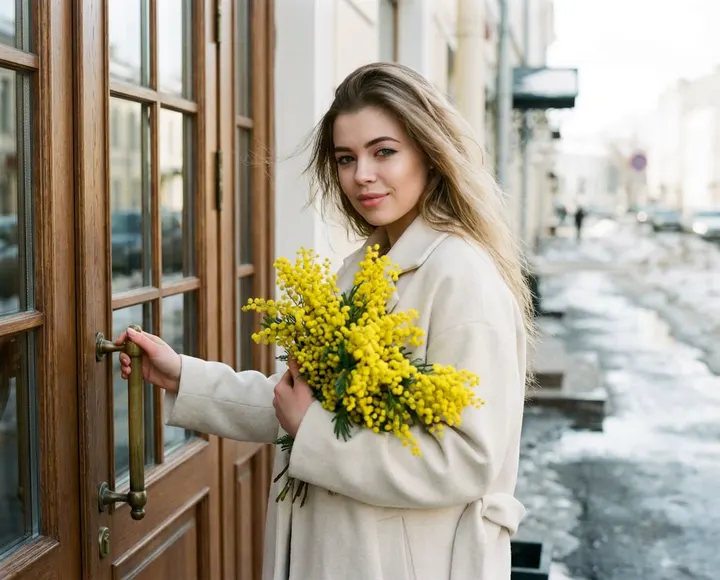 Девушка с мимозой у кафе