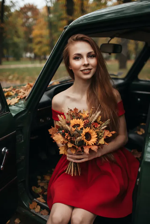 Девушка в осенней машине