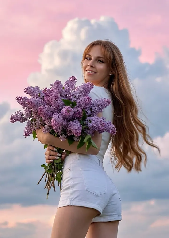 Девушка с сиренью на закате