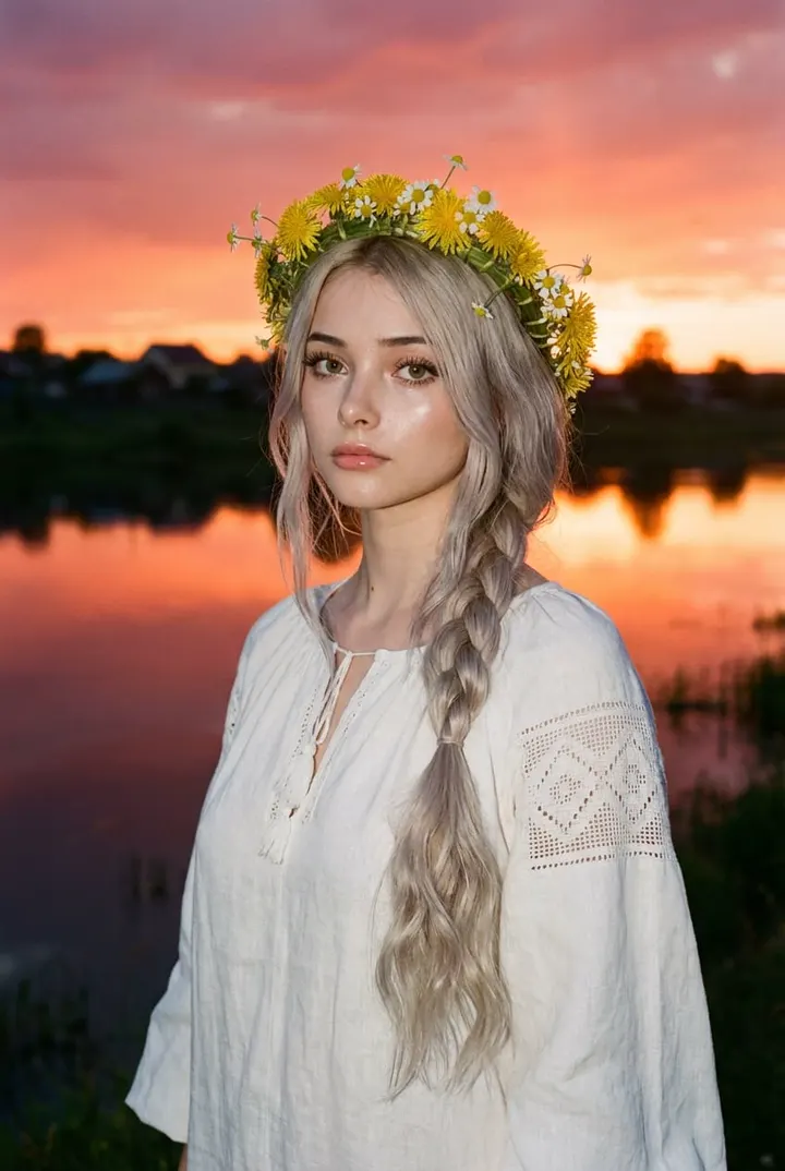 Девушка у реки на закате