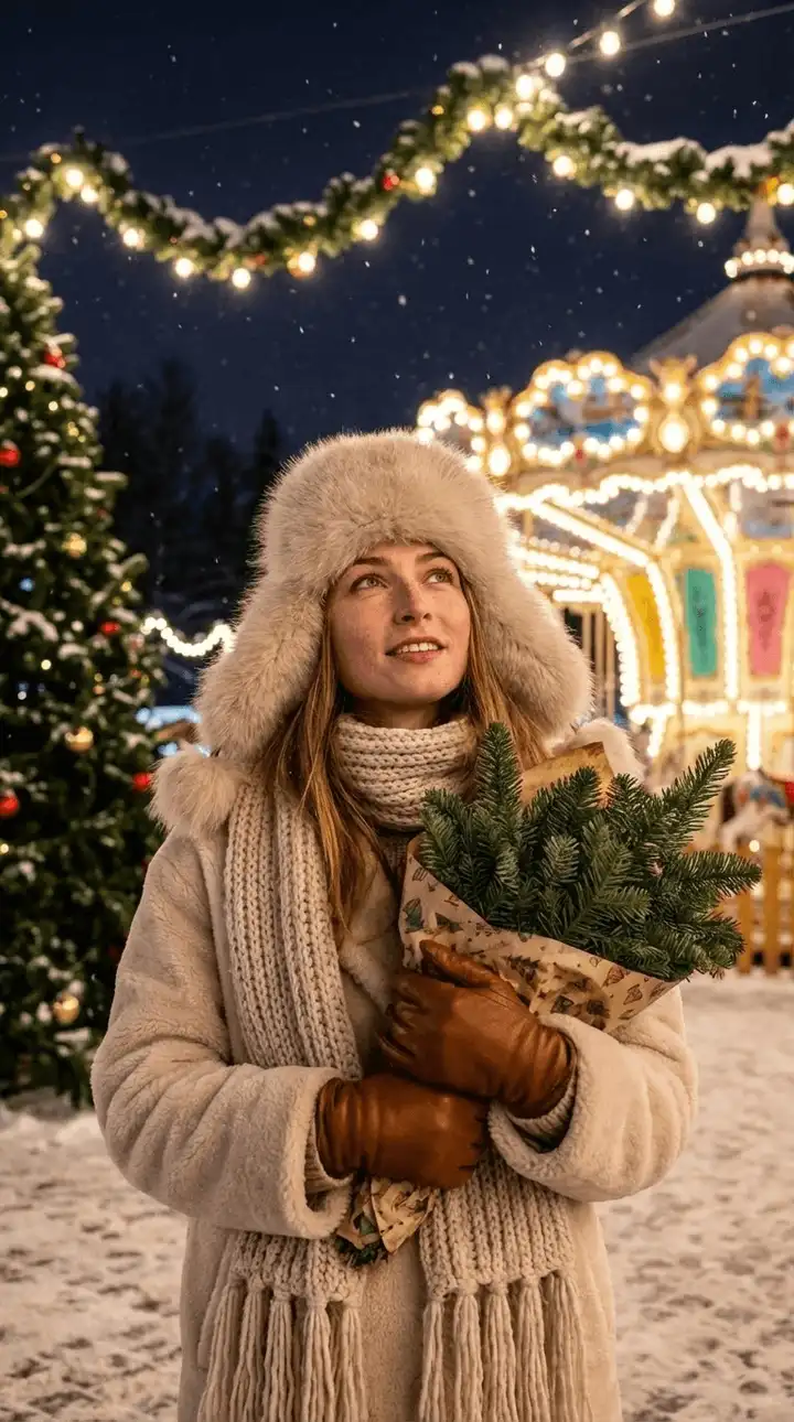 Зимняя сказка у вечерней карусели — пример фото по шаблону