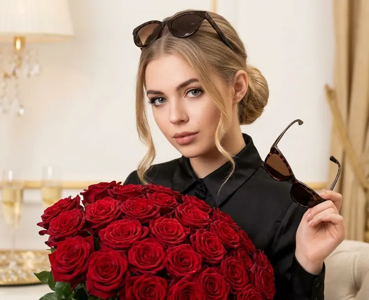 Женщина с букетом роз