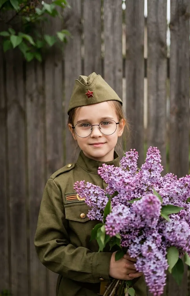 Девочка в военной форме с сиренью